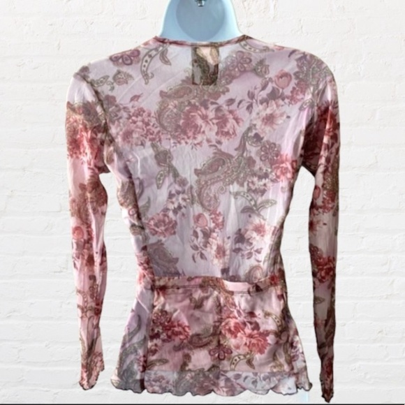 SHELIA MOON Mesh Long Sleeve Pink Floral Paisley Top with Back Pockets, sz Small - Picture 3 of 12